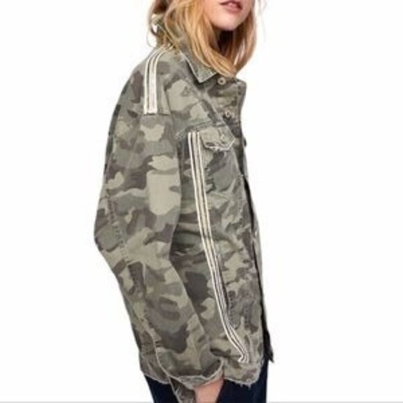 Zara Z1975 Denim Green Camo Cotton Sequin Stripe Button Front Jacket Size‎ S - Picture 1 of 12